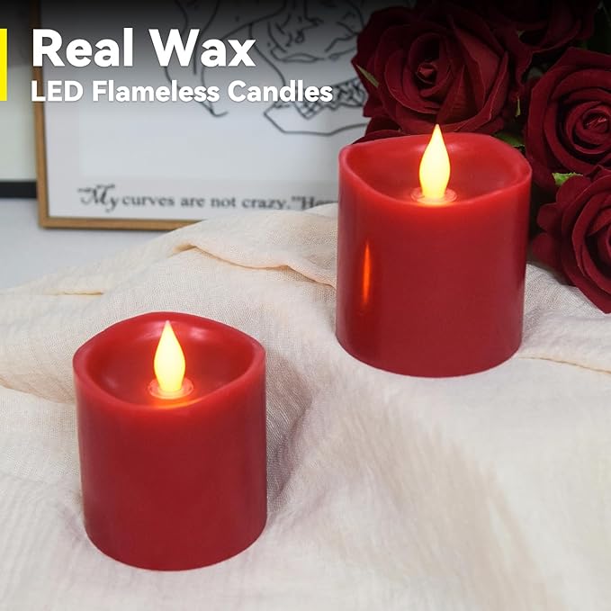 Red LED Pillar Candles, 3inch - Battery Operated with Remote Timer, Flickering Flame, Lasts Over 600 Hours, Perfect for Christmas and Halloween Deco (Red, 3"*3"-2pcs)