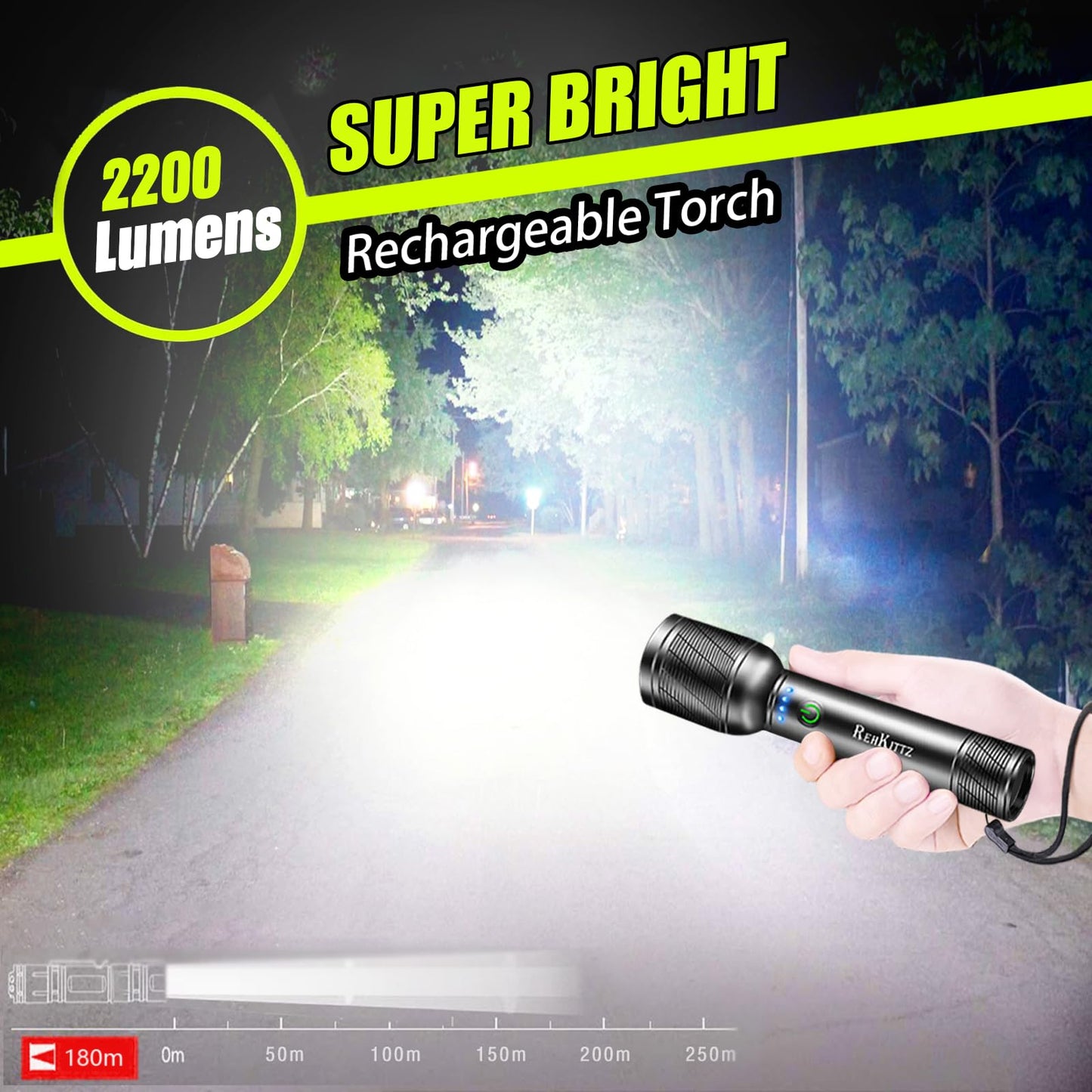 REHKITTZ Torch, LED Rechargeable Torches(Built-in Large Capacity Battery) High Lumen Super Bright Flashlight with Power Display,Long Working Time,Aluminum Alloy,5 Light Modes,Zoomable Torch（2 Pack）