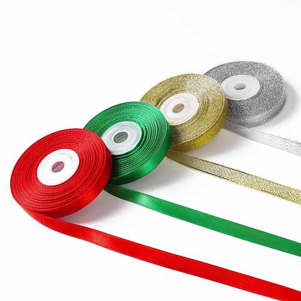 LIUYAXI 4 Rolls 3/8" Christmas Ribbon - Glitter Metallic Ribbon & Satin Ribbons Set, Total 100 Yards Xmas Holiday Festival for Gift Wrapping, Crafts, Festival Ornaments, Wedding Party Decoration