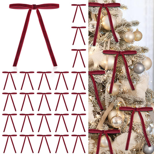 24 Pcs Red Velvet Christmas Ornaments, Rustic Velvet Bows for Christmas Tree, 5x7 Inch Pre-Tied Vintage Xmas Bows for Wreaths, Gifts and Holiday Home Décor, Ribbon Bows for Garland (3/8")