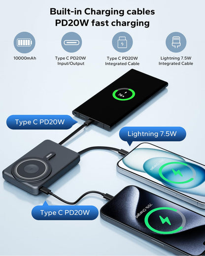 for Magsafe Portable Charger 10000mAh, Wireless Magnetic Power Bank for Apple Watch, 5 in 1 Fast Charging External Battery Pack with Cable and Stand for iPhone 16 Pro Max/15/14/13 Mini(Black)