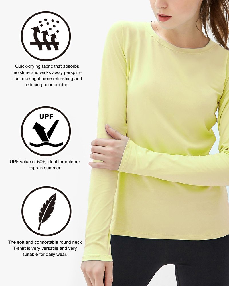 isnowood Women's Sun Protection Long Sleeve Shirts, UPF 50+ UV Rash Guard Swim Shirt, Workout Hiking Running Athletic Tops Bright Yellow