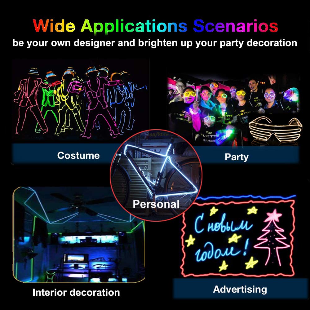 MaxLax EL Wire Blue, 16.4ft/5m Portable Battery Pack Neon Lights Strip 360° Cuttable Glowing Rope Lights for Parties, Halloween, DIY Decoration