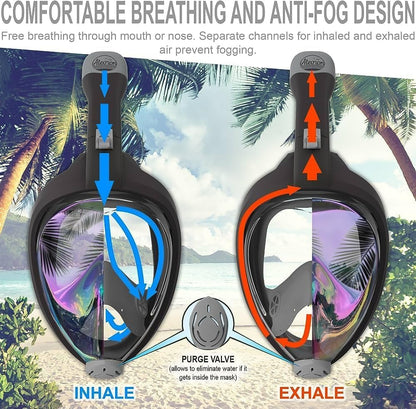 Aleoron - Foldable Snorkel Mask Full Face for Adults - Latest Dry Top System 180 Panoramic Snorkeling Mask with Camera Mount Safe Breathing Anti Fog