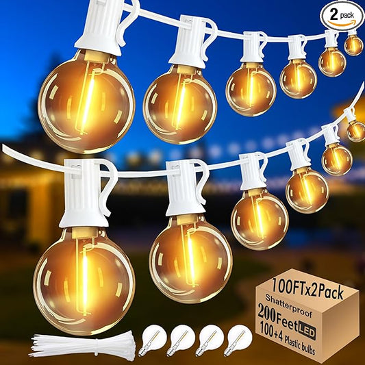 200 Feet White String Lights for Outside G40 Patio Lights Waterproof with 100+4 Replaceable Shatterproof Warm Yellow Globe Bulbs for Wedding Pergola Porch Backyard, White Cord, Linkable