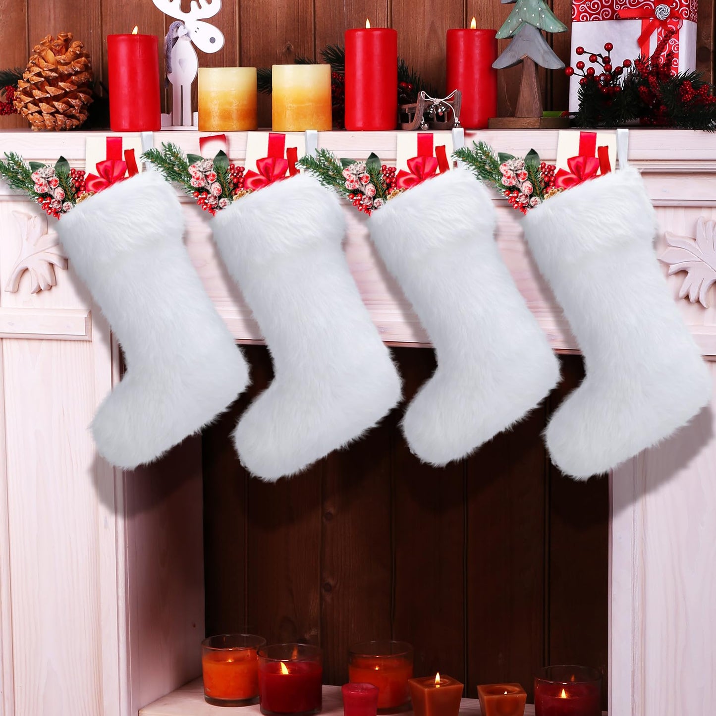 JOVITEC 4 Pcs 20 Inch White Christmas Stockings Faux Fur Snowy Christmas Stockings Xmas Fireplace Hanging Stocking Candy Gift Bags for Holiday Decorations