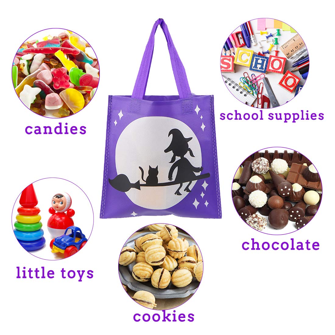 CCINEE 24pcs Non-Woven Treat Bags 8 Cute Halloween Pattern Totes Party Bags with Handles for Kids' Halloween Trick or Treat Party Favor Supply