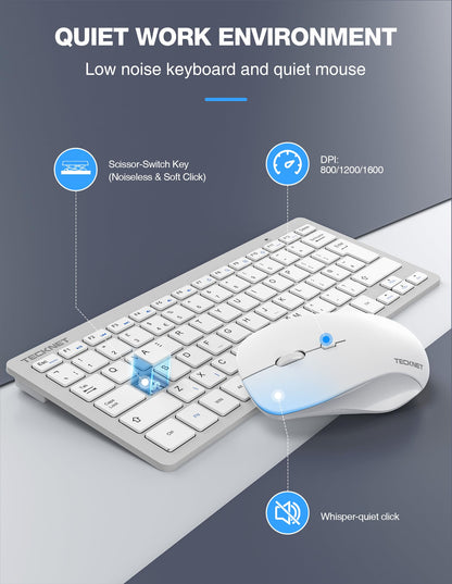 TECKNET Mini Wireless Keyboard and Mouse Set, 2.4G Cordless USB Keyboard and Silent Mouse Comb with Nano USB Receiver, 12 Multimedia Shortcuts for Computer, PC, Laptop, Desktop (Silver)
