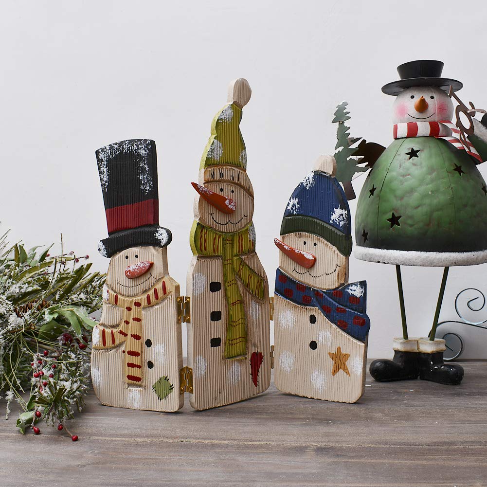 E-view Christmas Decorations Wood Snowman Sign Holiday Xmas Home Decor Wooden Folding Triple Snowmen Screen Rustic Decorative Ornaments for Table Top Fireplace (Snowman)