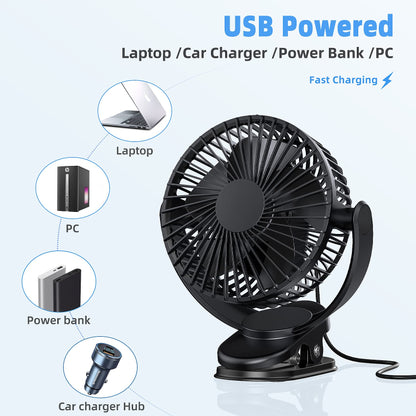 ATEngeus Rechargeable Clip-on USB Desk Fan, 3 Speeds, 5000mAh Battery, 720Rotation, Sturdy Clamp for Home, Camping, Treadmill and Car