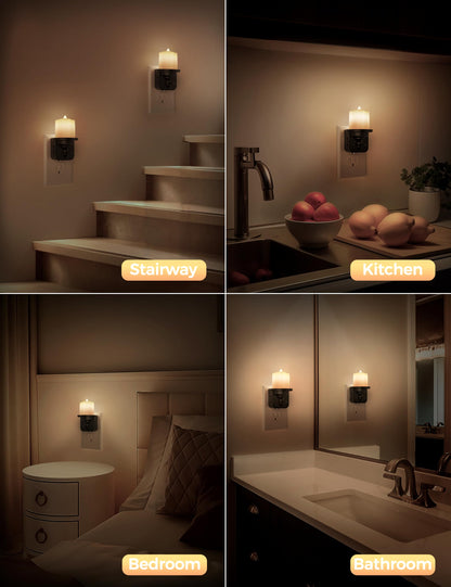 Flameless Candle Night Light, Night Lights Plug into Wall 2 Pack, LED Candle Night Light with Light Sensor, 0-100LM Dimmable Nightlight Plug in, 3000K Soft White Nightlight for Kids Hallway Bathroom