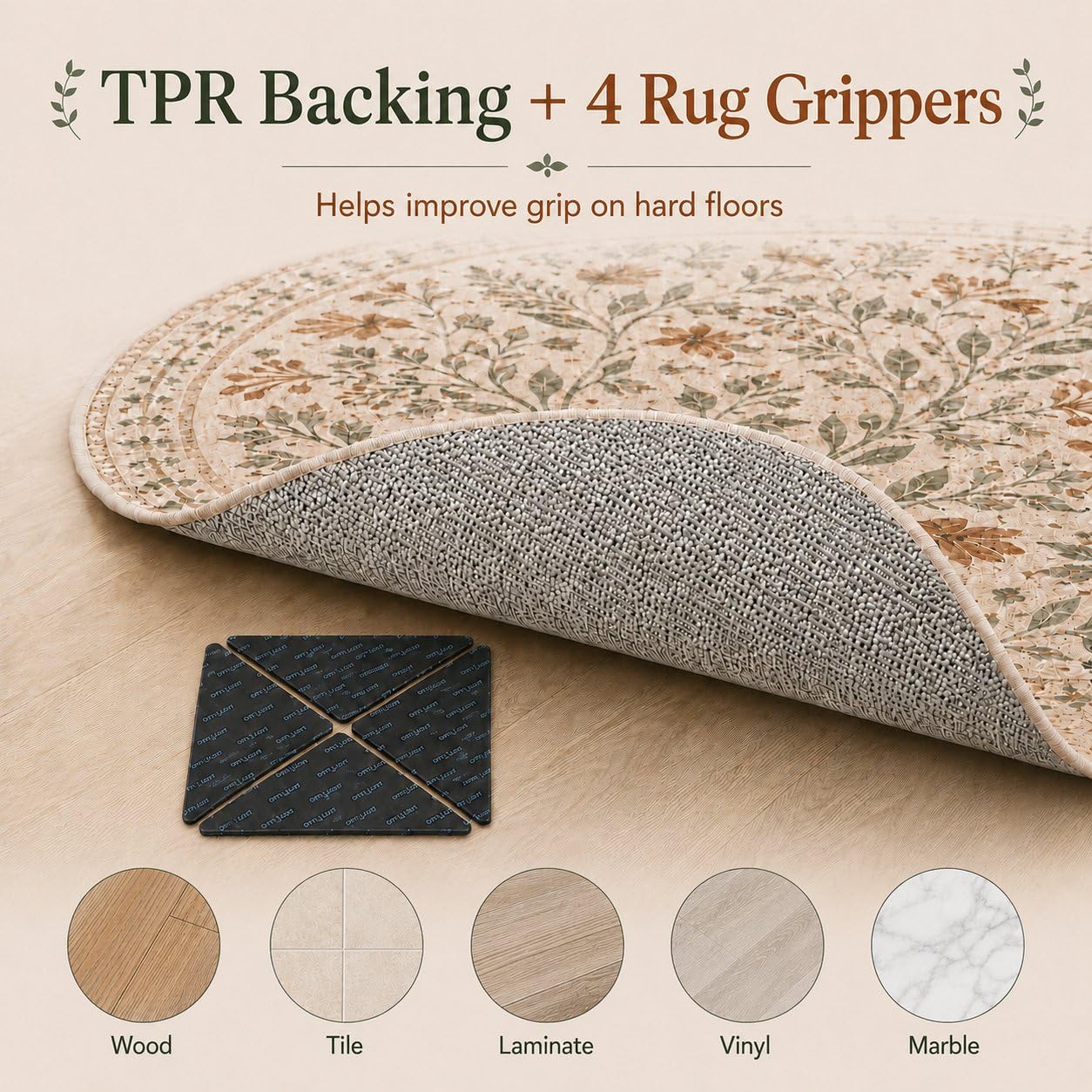 OWUFFY Round Rug 2' Washable Circle Rug Non Slip Low Pile Boho Floral Circular Rug for Bedroom, Bathroom, Entryway, Room, Office, College Dorm
