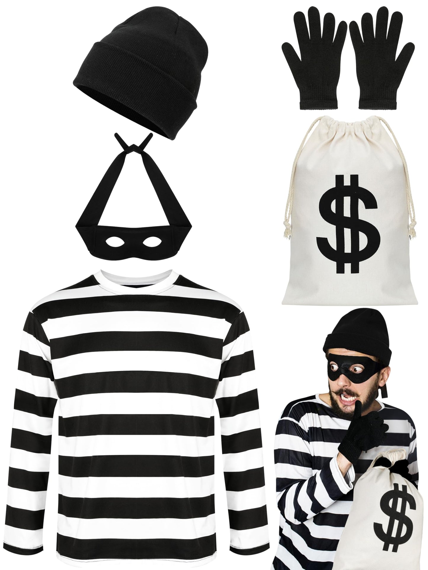 QZYL Robber Costume Set, M Unisex Thief Cosplay T Shirt Beanie Cap Gloves Eye Masks Money Bags for Halloween