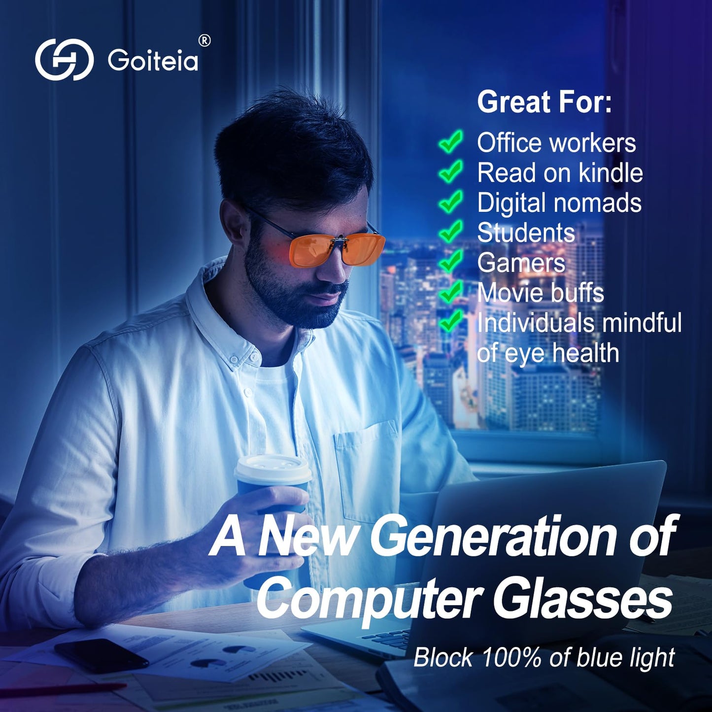 Goiteia Orange Blue Light Blocking Glasses Clip on for Migraine-Gaming Glasses for Eyes Strain/Light Sensitive-Help to Sleep