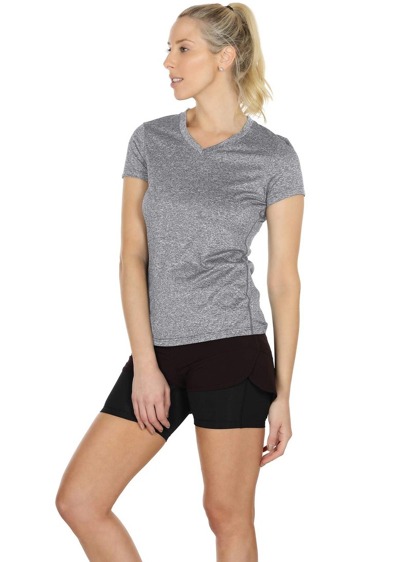 icyzone Workout Shirts Yoga Tops Activewear V-Neck T-Shirts for Women Running Fitness Sports Short Sleeve Tees (XL, Black/Granite/Blue)