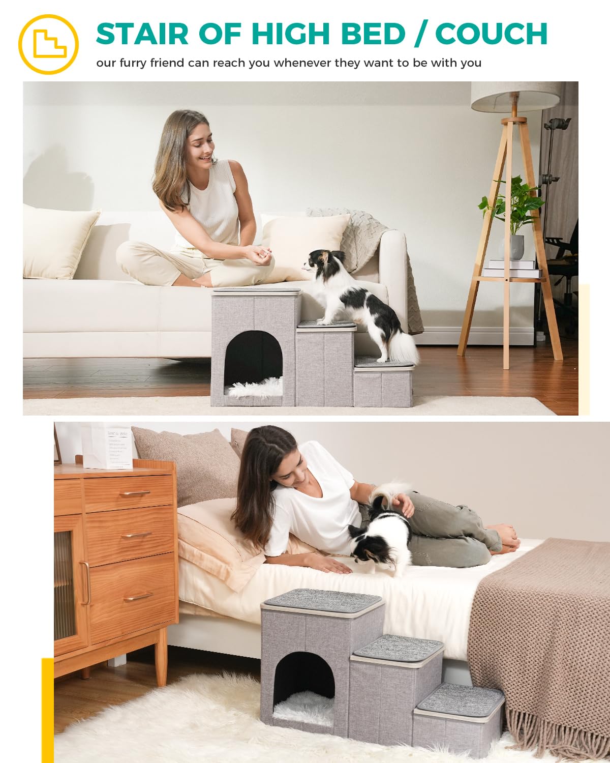 PETEPELA Dog Steps for Bed, 3 Steps for Dog Step for Sofa with Storage for Small Dogs for Bed, Foldable Pet Stairs for Couch and High Bed Hold up to 30KG, Wood Grey