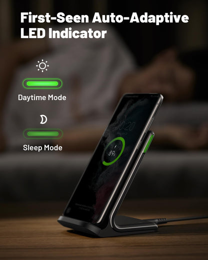 INIU Wireless Charger Stand, 15W Qi Fast Charging Dock Phone Charger, Adaptive LED Wireless Charging Station for iPhone 17 16 15 14 13 12 11 9 8 XR, Samsung S23 S22 S21, LG V40 G8, Pixel 8 7 6 etc.