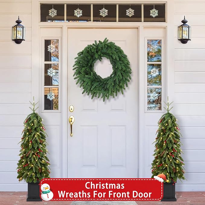Christmas Wreaths Outdoor Realistic 24 Inch Large Artificial Winter Greenery Pine Cedar Wreaths for Windows Xmas Holiday Home Table Mantle Yard Staircase Wall Door Porch Hanging Decor Outdoor Indoor