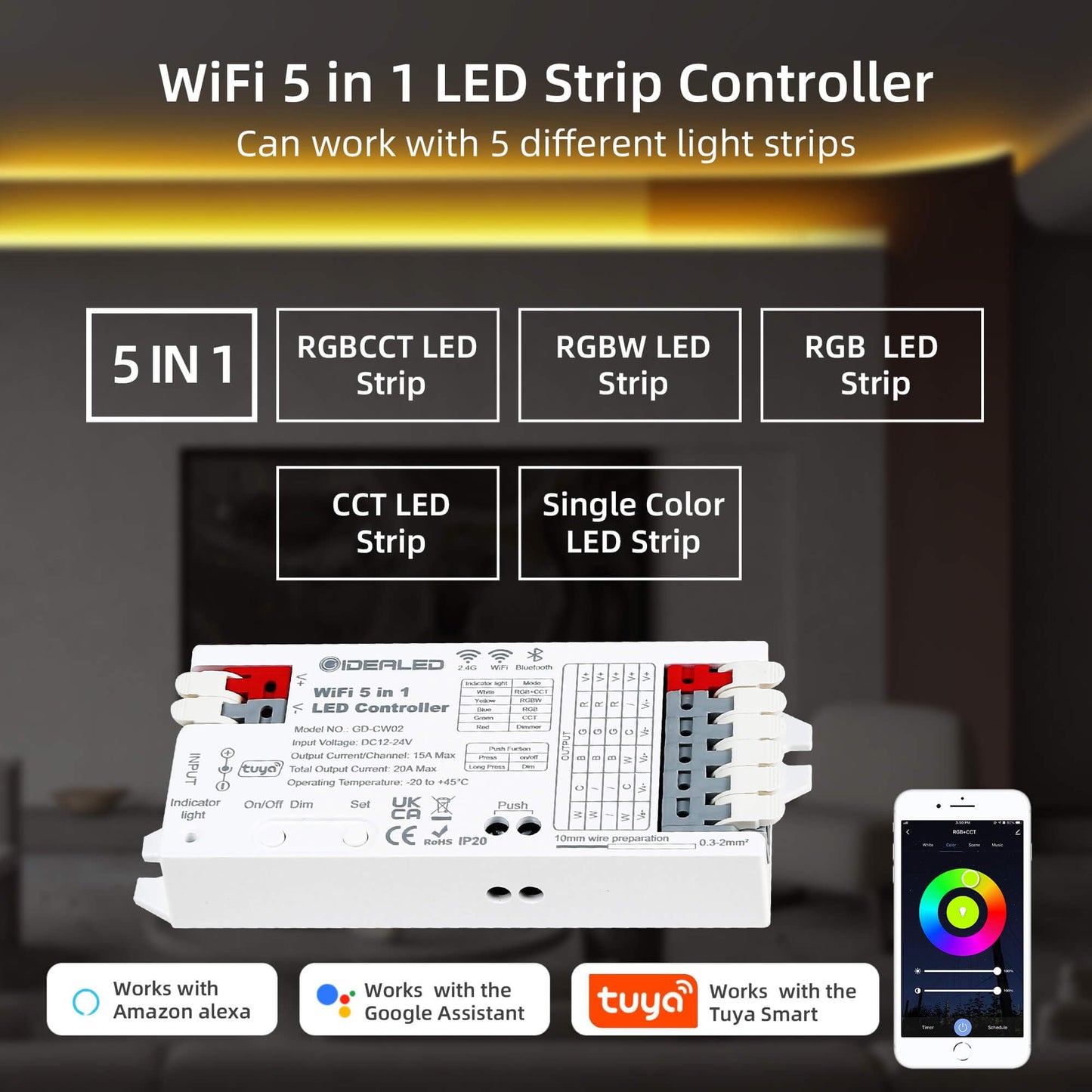 GIDERWEL Smart 5 in 1 WiFi LED Controller RGBWW for Strip Lights RGBCCT RGBW RGB CCT and 5 White Strips,Work with Alexa/Google Assistant,APP/Voice Control Color Change Dimming(Only a WiFi Controller)