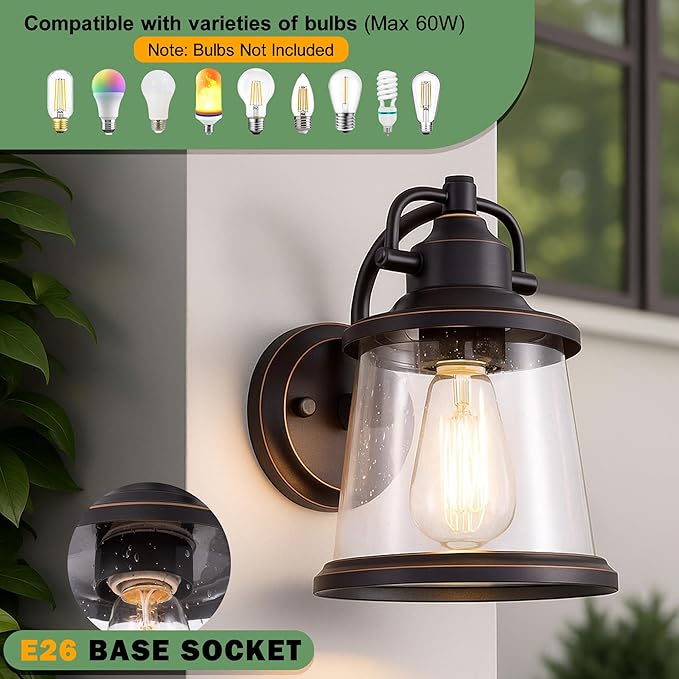 GRUENLICH Outdoor Wall Lantern, Wall Sconce as Porch Lighting Fixture, E26 Medium Base, Metal Housing Plus Seeded Glass, Oil Rubbed Bronze Finish, Bulb Not Included, 1-Pack