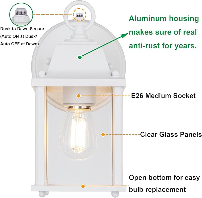 LIT-PaTH Dusk to Dawn Outdoor Wall Lantern, Wall Sconce, Waterproof Proch Light Fixture E26 Base, Aluminum Housing Glass Shade, Outdoor Rated, 2-Pack, White