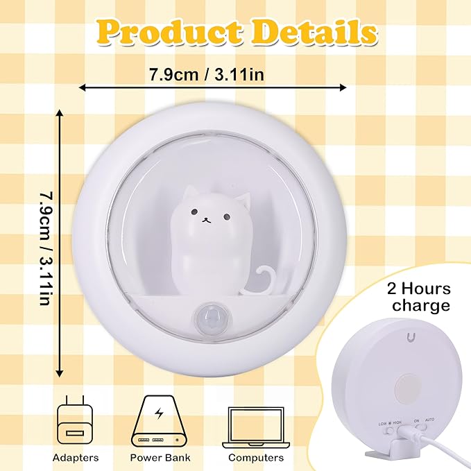 Attivolife Cat Motion Sensor Night Light, Cute Cat Magnetic LED Rechargeable Lamp with Dimmable, Portable Room Bedroom Bathroom Kitchen Wardrobe Stair Locker Wall Decor Lamp for Kid Teen(White x 2)