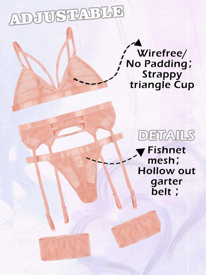 popiv Women's Sexy Lingerie Set with Garter Belt Matching Bra and Panty Lingeries Sets 4 Piece Light Pink