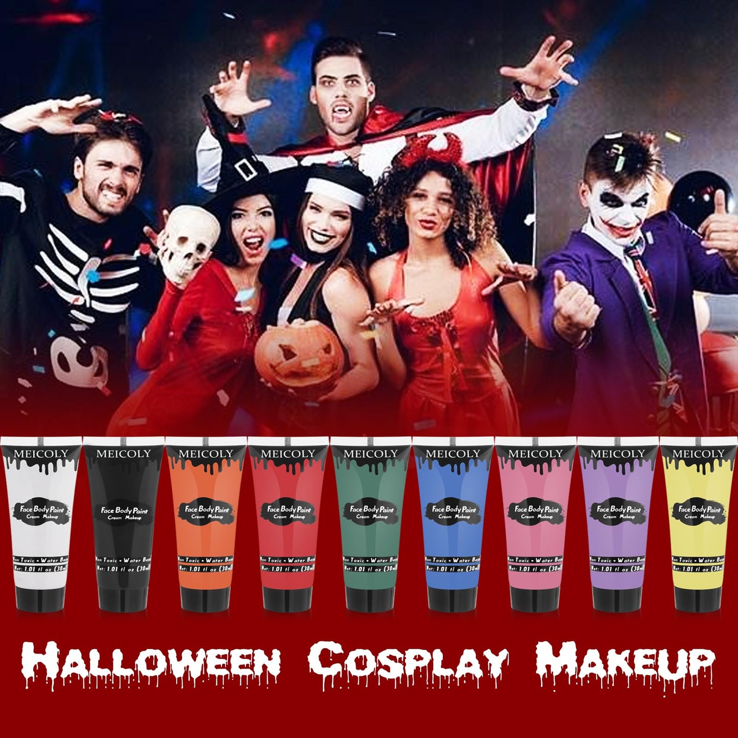 MEICOLY 9 Colors Face Body Paint Set,1.01x9oz/Box,Water Based Washable Face Paint for Adult Kids,Safe Cream Body Paint for Skin,Yellow Red White Blue Face Painting Kit for Halloween SFX Cosplay Makeup