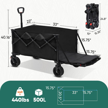 Sekey Festival Trolley with Expandable Tailgate - 350-500L, 440LB Heavy Duty Folding Camping Wagon, Brake, All-Terrain Wheels, Patented 4-Way Folding & One-Click Adjustable Handle, Beach Cart - Black