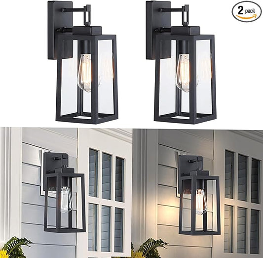 2 Pack Outdoor Wall Light - 14 Inch Exterior Wall Sconce for House, Outdoor Black Wall Lantern for Garage&Patio Front Door, Outside Porch Light Fixture with Glass Shade