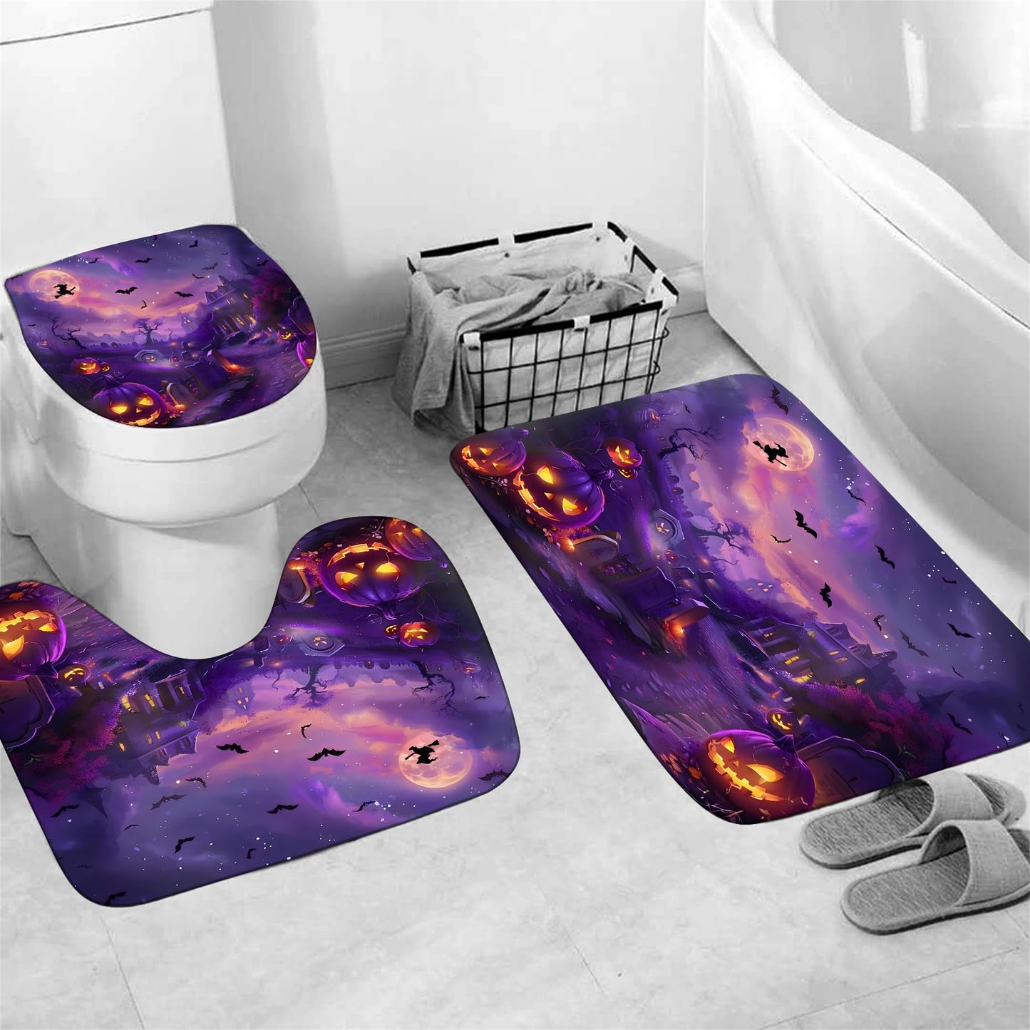 AZHM Halloween Shower Curtain, Castle Pumpkin Party Theme Shower Curtain with Rug, Witch Bat Graveyard Scary Bathroom Decor Set