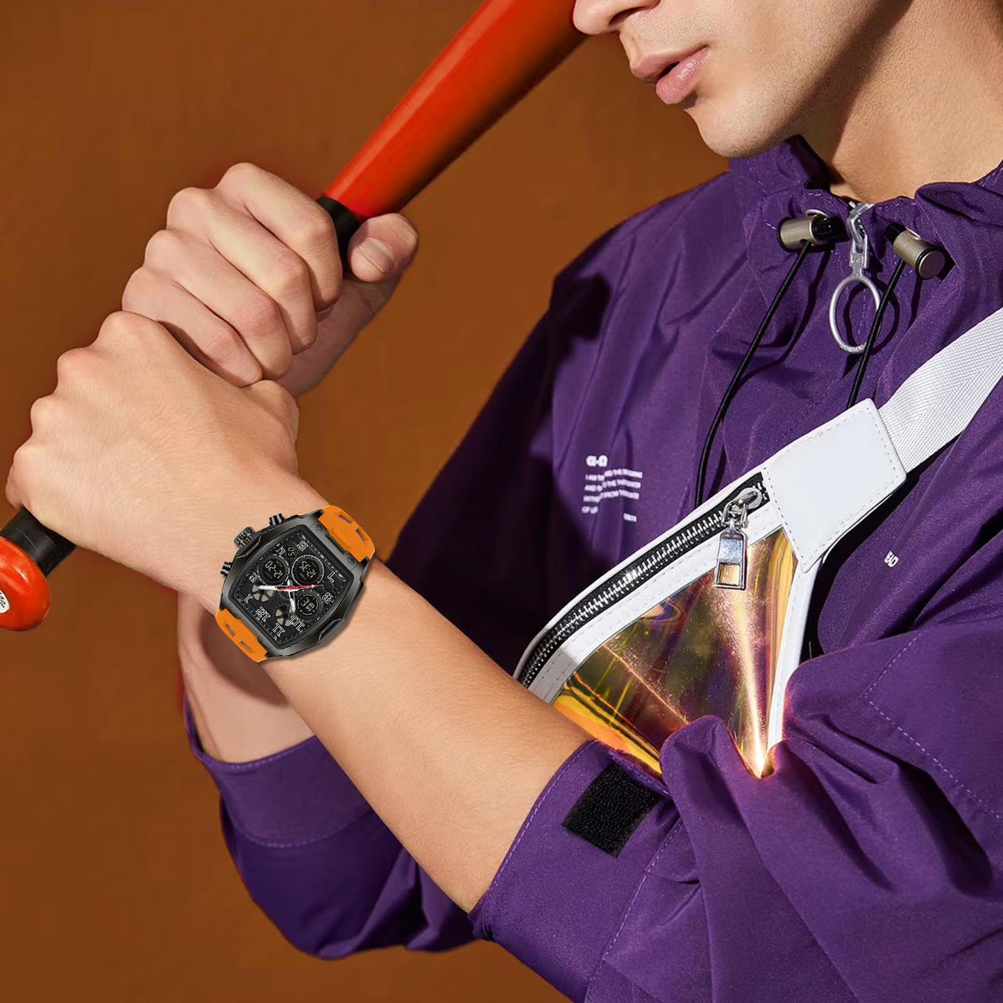 FANMIS Watch for Men Fashion Hollow Unique Rectangle Dial Wristwatch Waterproof Sport Digital Analog Dual Time Display Stopwatch Punk Cool Design Silicon Strap Dress Watch (Orange)