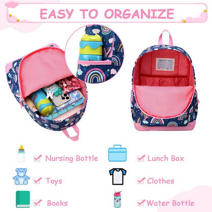 VASCHY Kids Backpack for Girls,Cute Animal Pattern School Bag Daily Children's Rucksack Backpack for School Kindergarten Nursery with Chest Strap And Bottle Pockets(Blue Rainbow)