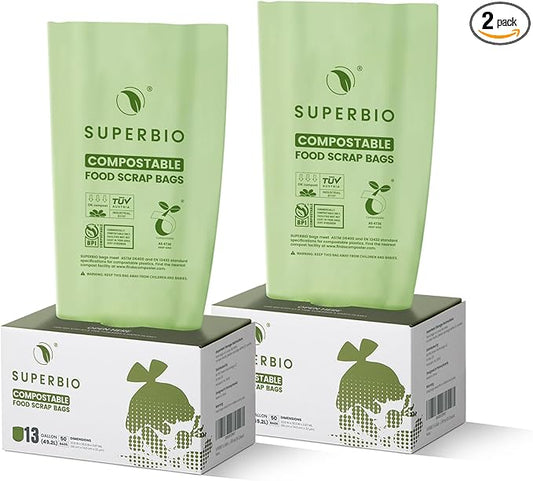 SUPERBIO 13 Gallon Flat Top Compostable Food Waste Bags, 2 Pack, 0.87 Mil