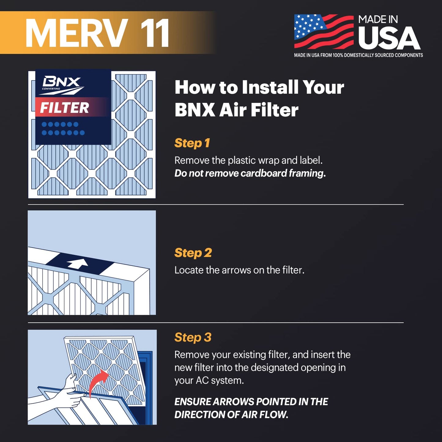 BNX 20x20x1 MERV 11 Air Filter 2 Pack - MADE IN USA - Electrostatic Pleated Air Conditioner HVAC AC Furnace Filters - Removes Dust, Mold, Pollen, Lint, Pet Dander, Smoke, Smog