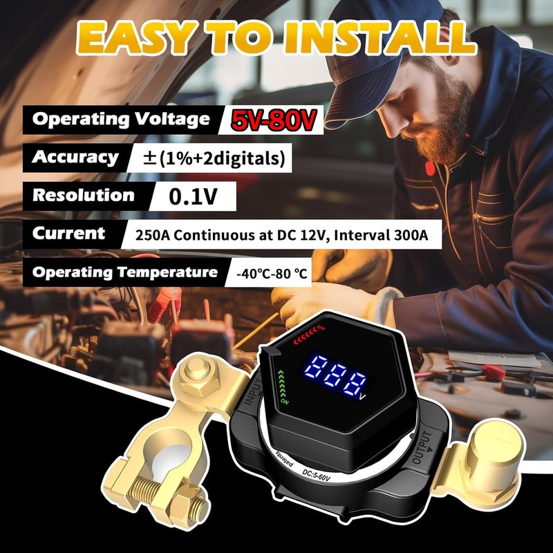 AWBLIN Top Post Battery Disconnect Switch with Voltmeter, DC 5-80V Master Isolator On Off Kill Switch Power Cut/Shut Off Switch for Marine Boat RV Car Truck Camper Trailer