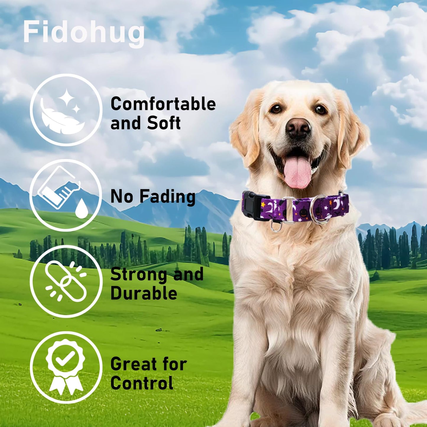 Fidohug Halloween Martingale Collar for Dogs with Buckle Adjustable Holiday Dog Collars (Purple Ghost, Medium)