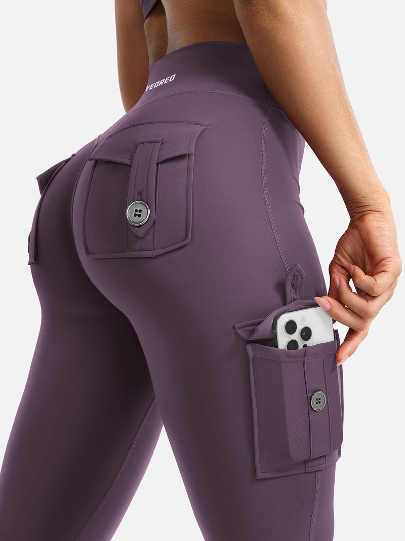 YEOREO CoreFlex Women Workout Flare Leggings with Pockets Hidden Scrunch High Waisted Cargo Gym Yoga No Front Seam Leggings Black Berry Purple S