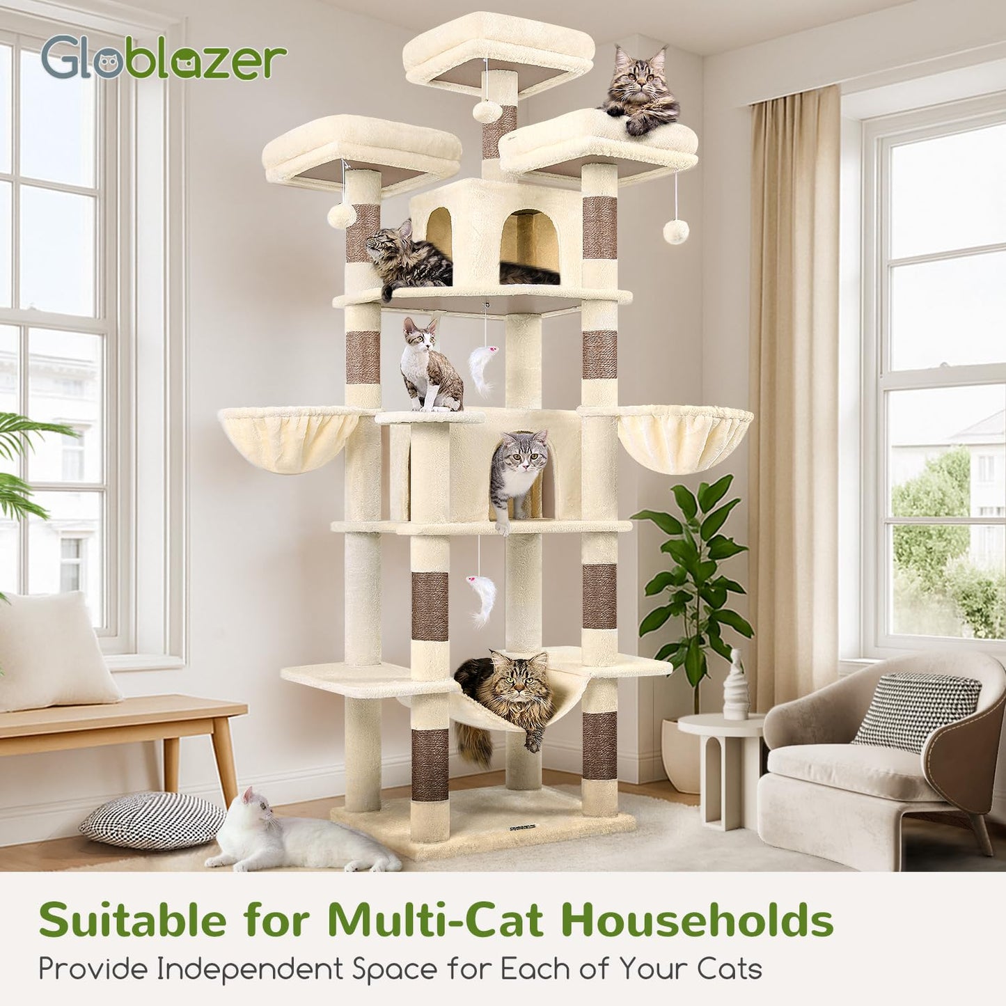 Globlazer Big Cat Tower for Indoor Cats, 80inch Cat Tower for Multiple Adult Cats XXL Cat Tree with Scratching Post, Hammock, 3 Perches, 2 Condos, 2 Hanging Basket, F80, Beige