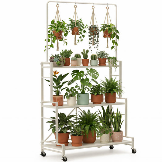 Plant Stand, 4-Tier Foldable Plant Shelf with 3 Shelves and Hanging Rod, Rolling Plant Stand with Wheels, No Assembly Flower Pot Stand for Indoor Outdoor, Sturdy Anti-Tip Plant Rack (Cream White)