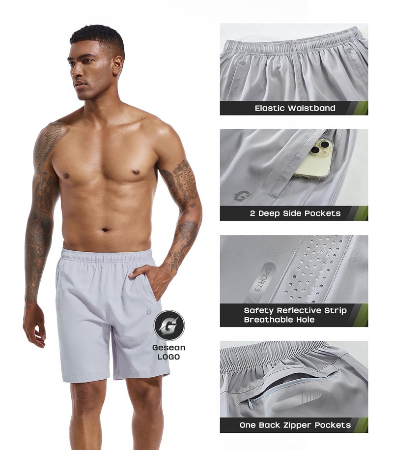 Gesean Mens Athletic Shorts Running Workout Shorts Dry Fast Lightweight Gym Hiking Shorts Light Grey Small