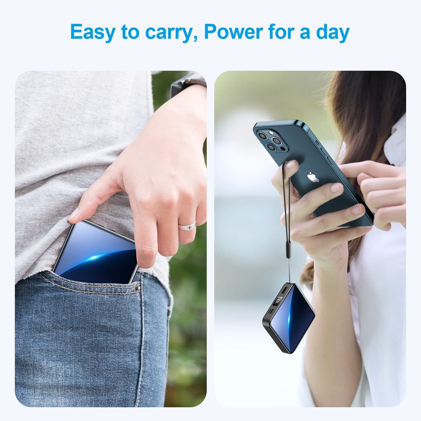 Portable Charger with Built-in Cable,12000mAh 22.5W Fast Charging Small Power Bank,USB C Input/Output with Smart LED Display,External Battery Pack for iPhone,Tablet,Samsung