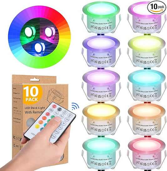 HIBOITEC 10PCS Low Voltage Recessed RGB Deck Lamp φ42mm with Remote Control, LED Deck Lights Kit IP67 Waterproof 12V Low Voltage In Ground Outdoor LED Landscape Lighting for Yard Garden Patio Stair