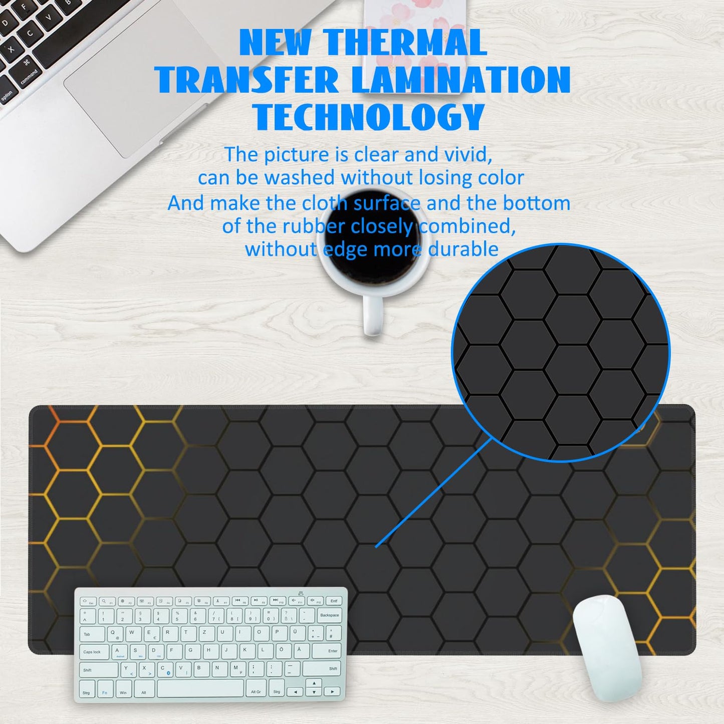 Desk Mat, Black Gold Honeycomb Technology Extended Gaming Mouse Pad Large, 31.5"x11.8" Big Mouse Pad with Non-Slip Base and Stitched Edge, Long Computer Keyboard Mouse Mat for Home Office Work