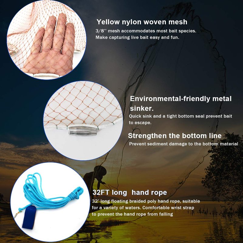 Drasry Saltwater American Fishing Cast Net 3/8inch Mesh Size for Bait Shrimp Trap Fish Heavy Duty Sinkers Throw Net 3FT to 12FT Radius Tire Lines 4FT Radius