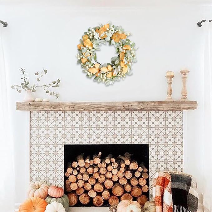 Idyllic Spring Wreath 20 Inches, Summer Wreath with Lambs Ear Leaves and Berries for Front Door Outside Farmhouse All Seasons Decoration Outdoor Fall Wreaths for Front Door