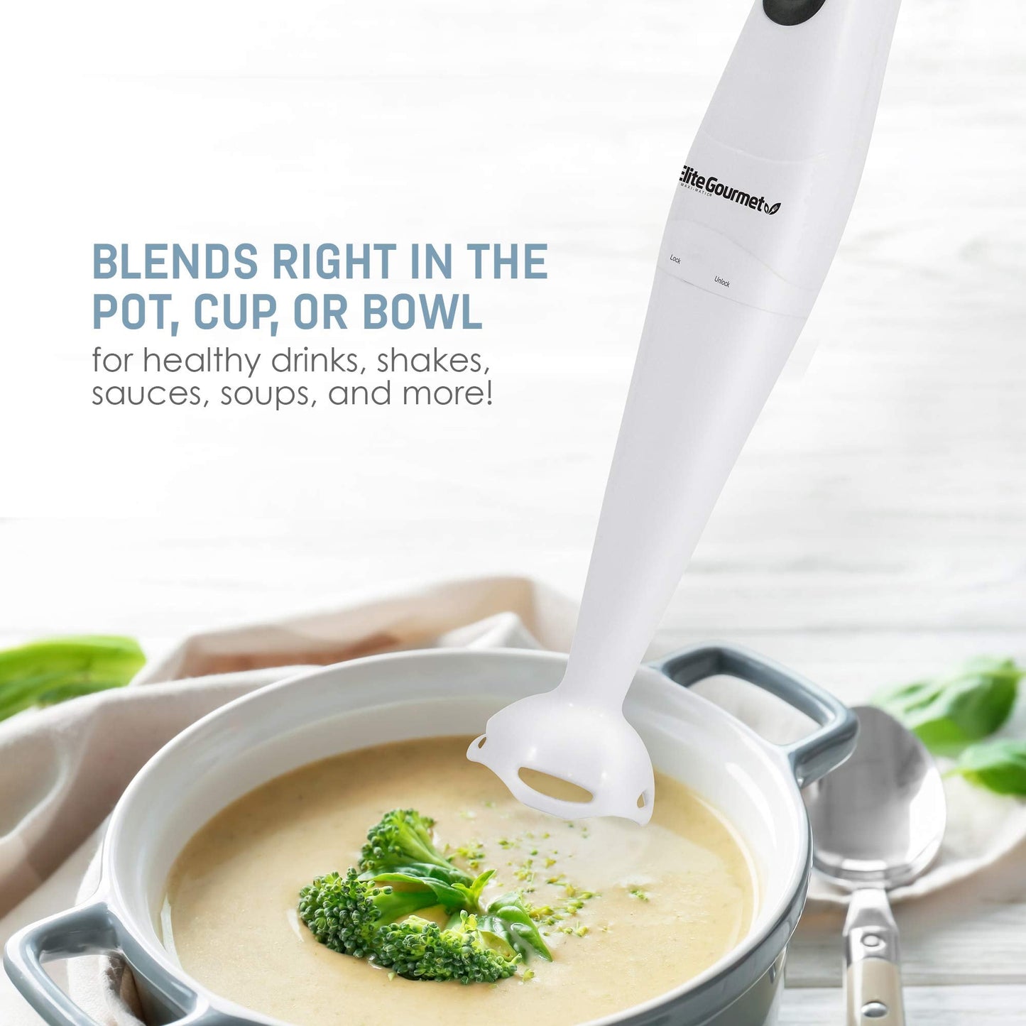 Elite Gourmet EHB-2425X Electric Immersion Hand Blender Stick, Mixer, Chopper, 1-Touch Control Multi Purpose, 150 Watts, For Soups, Sauces, Baby Food, White
