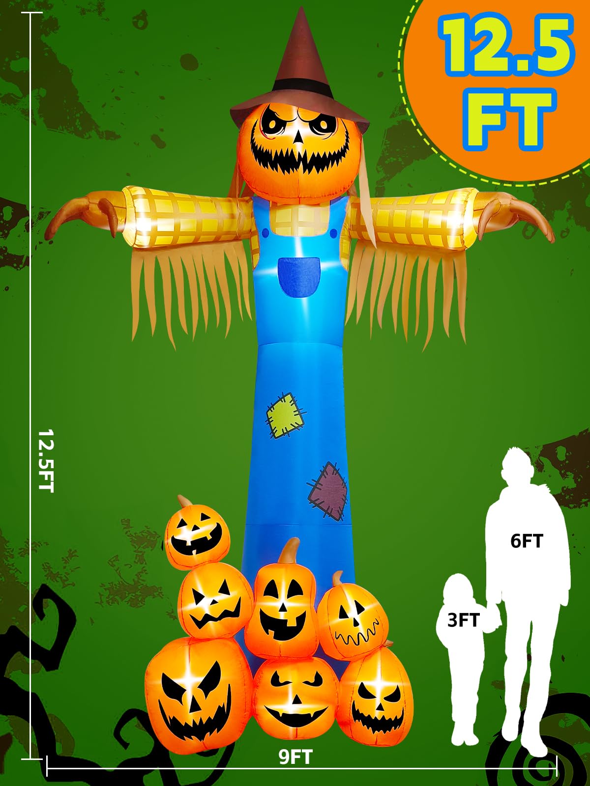 12.5FT Giant Pumpkin Head Halloween Inflatable with Built-in LED Lights and Sound Blow Up Halloween Yard Decorations Lawn Party Indoor Outdoor