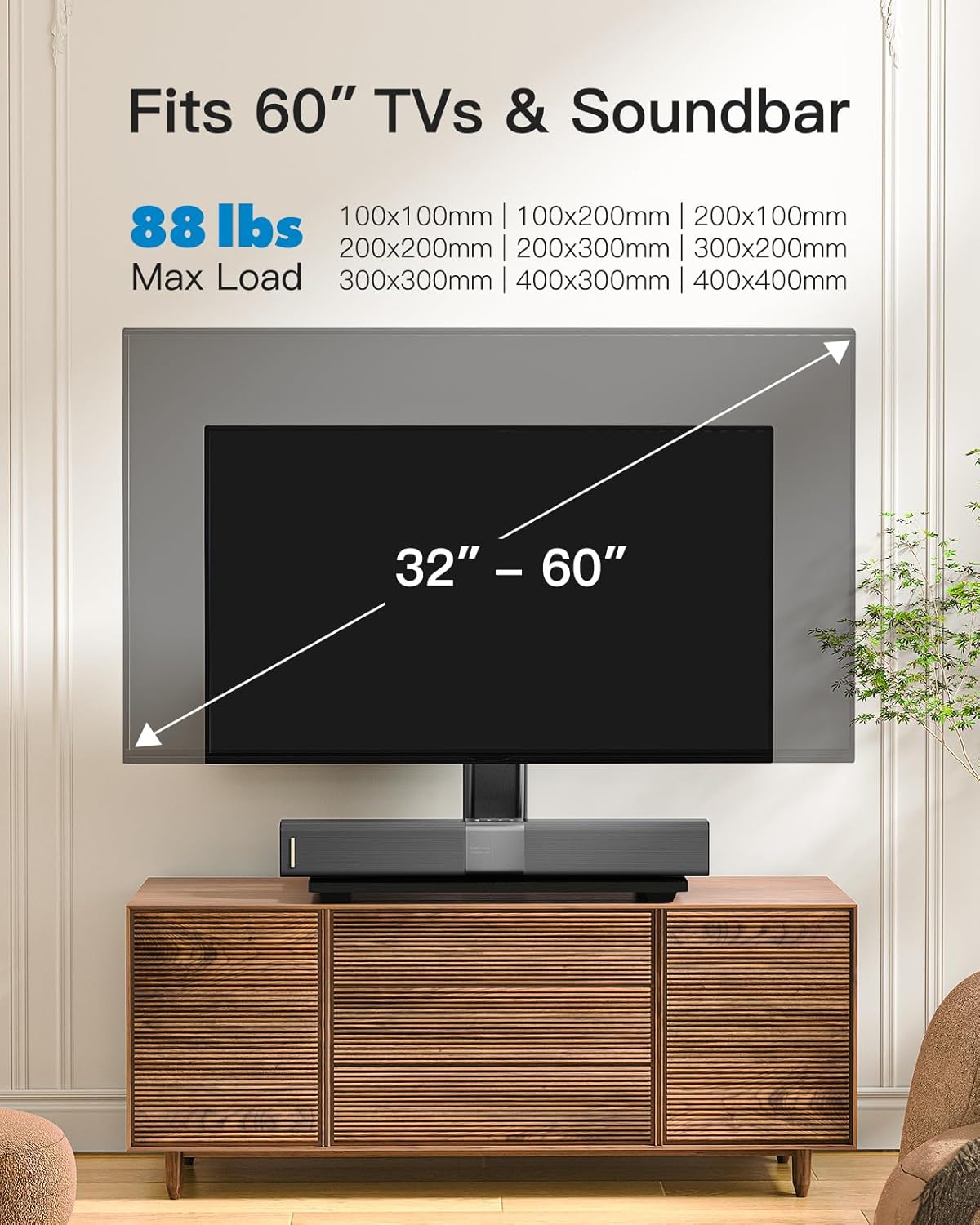 PERLESMITH Universal TV Stand, Table Top TV Stand for 32-60 inch TVs & Monitors, Height Adjustable TV Mount Stand Holds up to 88 lbs with Tempered Glass Base & Wire Management, VESA 400x400mm PSTVS04