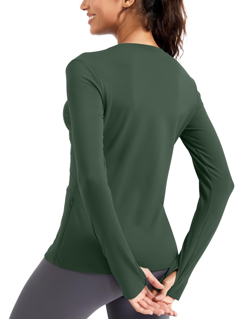 MathCat Thermal Shirts for Women Fleece Lined Long Sleeve Thermal Tops Base Layer Cold Weather Winter Gear Running Athletic Workout Underwear Zipper Pocket Grey Green